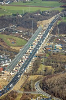 Aerial view of the Lennetal bridge, motorway A45 Sauerlandlinie shortly in front of the lane shift,