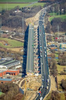 Aerial view of the Lennetal bridge, motorway A45 Sauerlandlinie shortly in front of the lane shift,