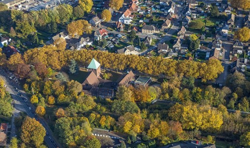 Aerial view, St. Elisabeth Church in the Ellinghorst district of Gladbeck, Ruhr area, North
