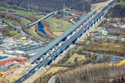 Aerial view of the Lennetal bridge, motorway A45 Sauerlandlinie shortly in front of the lane shift,