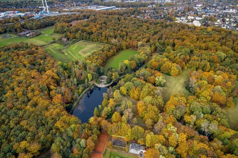 Aerial view, Wittringen memorial in the autumnal Wittringer Forest in Gladbeck, Ruhr area, North