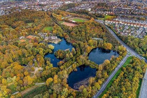 Aerial view, moated castle Wittringen with castle pond in the district Butendorf in Gladbeck, Ruhr
