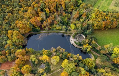 Aerial view, Wittringen memorial in the autumnal Wittringer Forest in Gladbeck, Ruhr area, North