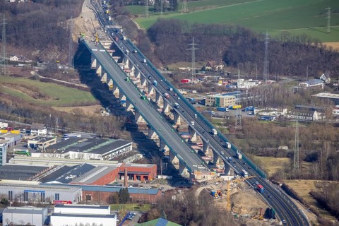Aerial view of the Lennetal bridge, motorway A45 Sauerlandlinie shortly in front of the lane shift,