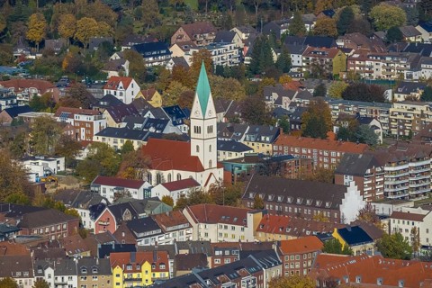 Aerial view, Christus Kirche in Gladbeck, Ruhr area, North Rhine-Westphalia, Germany, place of
