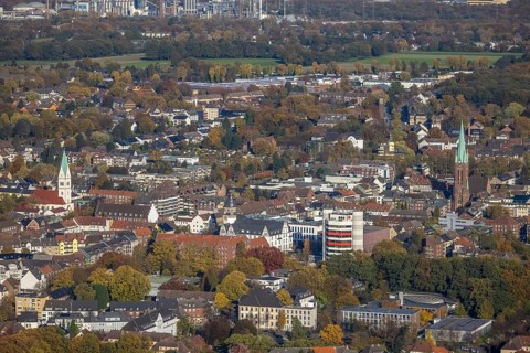 Aerial view, city view with town hall and Stadtsparkasse Gladbeck high-rise building as well as the