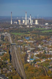 Aerial view, railway system and station Gladbeck West as well as Uniper power plants in the