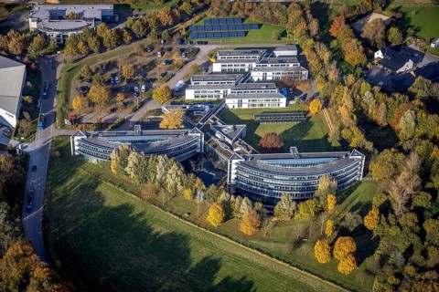 Aerial view, commercial area Am Wiesenbusch with IWG Innovation Centre Wiesenbusch Gladbeck in the