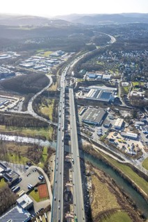 Aerial view of the Lennetal bridge, motorway A45 Sauerlandlinie shortly in front of the lane shift,