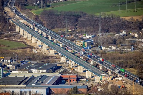 Aerial view, construction site, new construction of a section of the Lennetal Bridge, Lennetal,