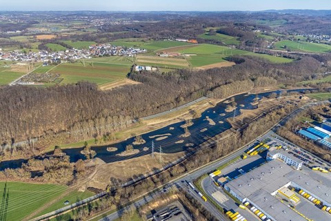 Aerial photo, renaturalisation measure Lenne floodplains, river Lenne, Lenne valley, Hagen, Ruhr