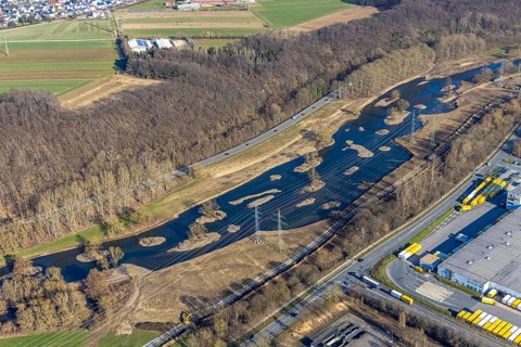 Aerial photo, renaturalisation measure Lenne floodplains, river Lenne, Lenne valley, Hagen, Ruhr