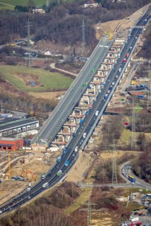Aerial view of the Lennetal bridge, motorway A45 Sauerlandlinie shortly in front of the lane shift,