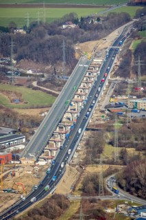 Aerial view of the Lennetal bridge, motorway A45 Sauerlandlinie shortly in front of the lane shift,
