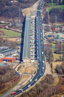 Aerial view of the Lennetal bridge, motorway A45 Sauerlandlinie shortly in front of the lane shift,