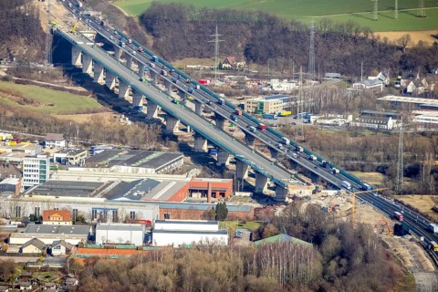 Aerial view of the Lennetal bridge, motorway A45 Sauerlandlinie shortly in front of the lane shift,