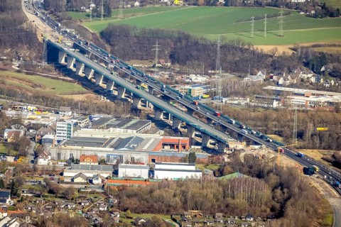 Aerial view of the Lennetal bridge, motorway A45 Sauerlandlinie shortly in front of the lane shift,
