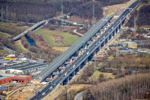 Aerial view of the Lennetal bridge, motorway A45 Sauerlandlinie shortly in front of the lane shift,