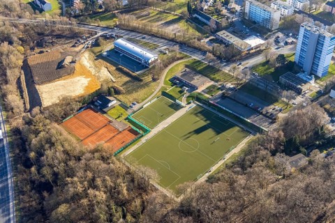 Aerial view, construction site and volunteer fire brigade Hagen Eppenhausen, district sports