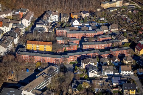 Aerial view, residential area Cunosiedlung, historic Bauhaus estate, Kuhlerkamp, Wehringhausen,