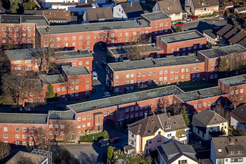 Aerial view, residential area Cunosiedlung, historic Bauhaus estate, Kuhlerkamp, Wehringhausen,