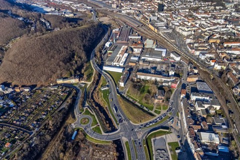 Aerial view, Hagen main station, station rear passage, commercial area Wehringhauser Straße,