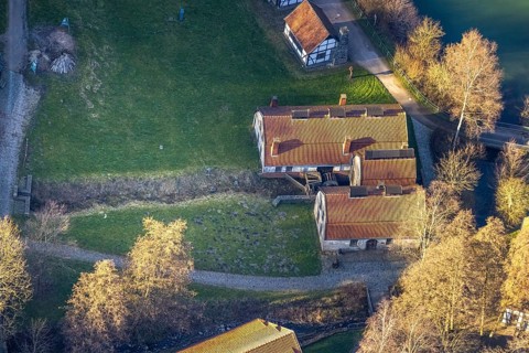 Aerial view, LWL-Freilichtmuseum Hagen, historical mill, Eilpe, Hagen, Ruhr area, North