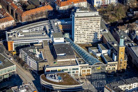 Aerial view, Volme Galerie with town hall tower, medium-sized town, Hagen, Ruhr area, North