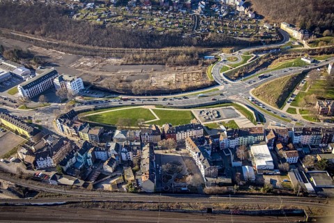 Aerial view, Wehringhauser Straße and river Ennepe, Bohne Park Hagen, Varta-Insel construction