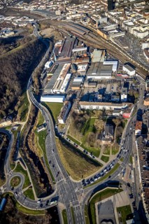 Aerial view, Hagen main station, station rear passage, commercial area Wehringhauser Straße,