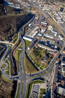 Aerial view, Hagen main station, station rear passage, commercial area Wehringhauser Straße,