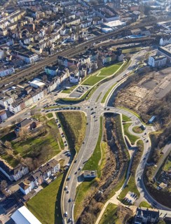 Aerial view, Wehringhauser Straße and river Ennepe, Bohne Park Hagen, Varta-Insel construction