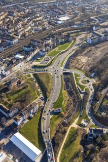 Aerial view, Wehringhauser Straße and river Ennepe, Bohne Park Hagen, Varta-Insel construction