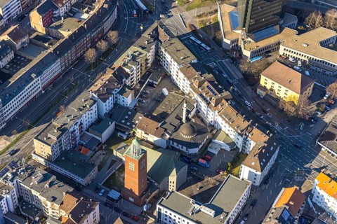 Aerial view, Mosque Islamic Cultural Association Mosque, Lutherkirche, Diakonie Mark-Ruhr,