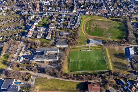 Aerial view, construction site new extension at Theodor-Heuss-Gymnasium, Am Sportpark, Altenhagen,