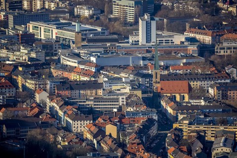 Aerial view, city centre view, Johanniskirche, Rathaus Galerie Hagen, Volme Galerie, town hall