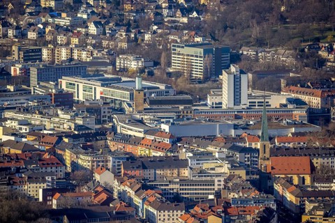 Aerial view, city centre view, Johanniskirche, Rathaus Galerie Hagen, Volme Galerie, town hall