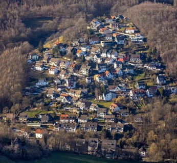 Aerial view, local view Selbecke in the forest with radio tower Selbecke, Eilpe, Hagen, Ruhr area,