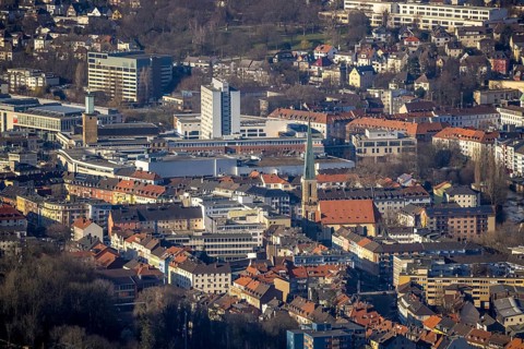 Aerial view, city centre view, Johanniskirche, Rathaus Galerie Hagen, Volme Galerie, town hall
