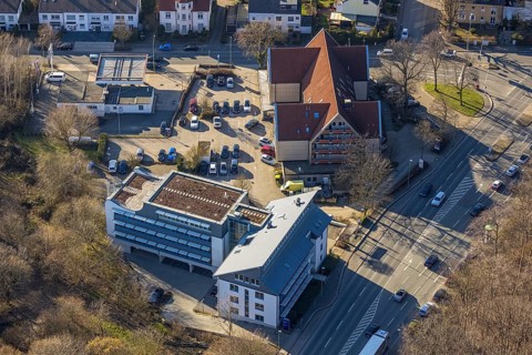 Aerial view, Edeka supermarket, lawyer's building and multi-storey car park, university district,