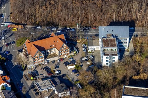 Aerial view, Edeka supermarket and residential building, lawyer's building with multi-storey car