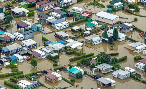 Aerial photo, Ruhr flood, flooded camping site CampingClub Garenfeld Ruhrbogen e.v, Westhofen,