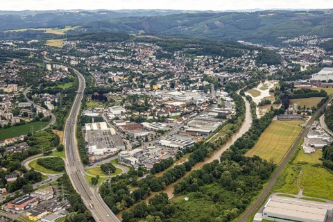 Aerial photo, Lennnehochwasser, Lennetal, Hagen, Ruhr area, North Rhine-Westphalia, Germany, DE,