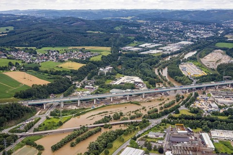Aerial photo, Lennnehochwasser, Lennetal, Hagen, Ruhr area, North Rhine-Westphalia, Germany, DE,