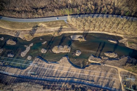 Aerial photo, renaturation measure Lenne floodplains, river Lenne, Lenne valley, Hagen, Ruhr area,