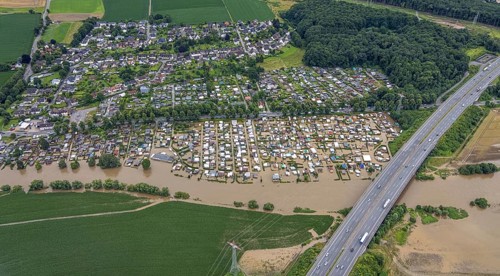 Aerial view, Ruhr flood, flooded campsite CampingClub Garenfeld Ruhrbogen e.v, Westhofen, Schwerte,