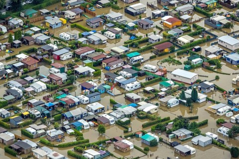 Aerial photo, Ruhr flood, flooded camping site CampingClub Garenfeld Ruhrbogen e.v, Westhofen,