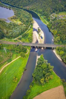 Aerial view, Lennemündung in die Ruhr zum Hengsteysee mit Eisenbahnbrücke und Ruhraue Syburg im