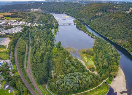 Aerial view, Hengsteysee with island and Ruhr bridge in the district Boele in Hagen, Ruhr area,