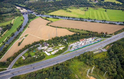 Aerial view, Lennhof service area on the A1 motorway with Lennemündung into the Ruhr in the